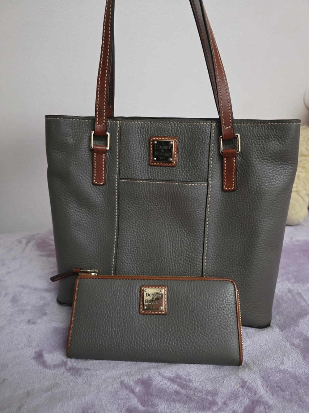 Dooney & Bourke Gray Pebbled Leather Tote with Brown Trim and Matching Wallet